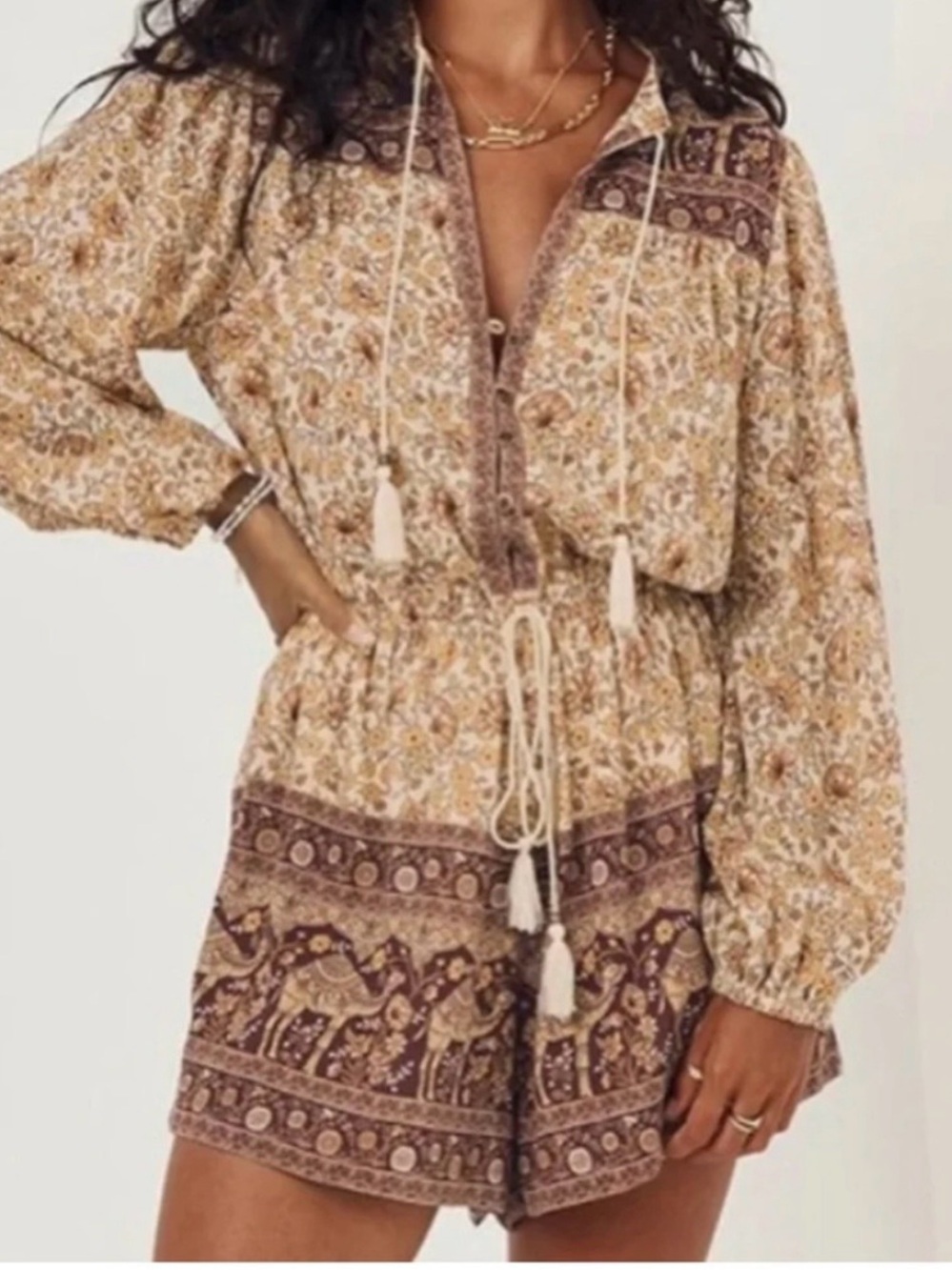 Spell & The Gypsy Sundown Romper Spice XS Camel Floral Boho